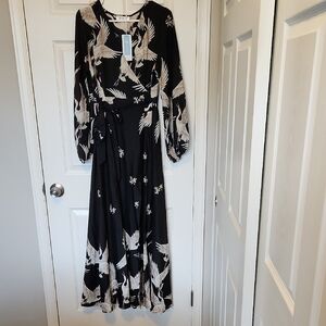 Long Sleeve Black and White Maxi Dress With Bird Print